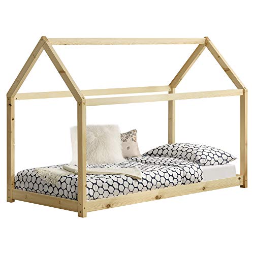 [en.casa] Kinderbett Netstal 70x140cm Haus aus Holz Natur Bettenhaus für Kinder Hausbett Kinderzimmer Bett Kiefernholz Holzfarben von [en.casa]