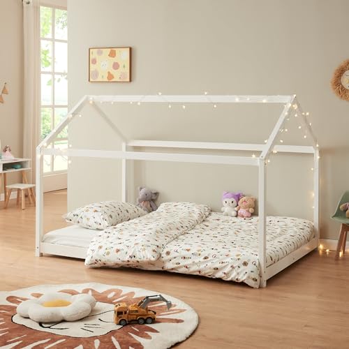 [en.casa] Kinderbett Cerro Hausbett Jugendbett Bettenhaus mit Lattenrost Montessori Bett aus massiver Kiefer Bettgestell 120x200cm Weiß von [en.casa]