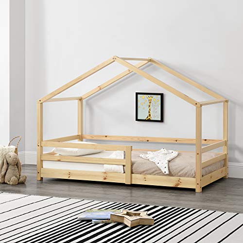 [en.casa] Kinderbett Knätten Hausbett Bodenbett 70 x 140 cm Holzbett für Kinder mit Rausfallschutz Bettgestell mit Lattenrost Kiefernholz Holzfarben von [en.casa]