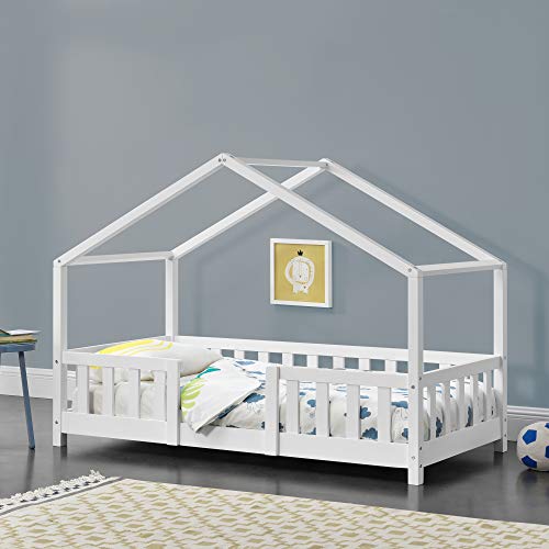 [en.casa] Kinderbett Treviolo Hausbett 70 x 140 cm Holzbett für Kinder mit Rausfallschutz Bettgestell mit Lattenrost Spielbett Kiefernholz Weiß von [en.casa]