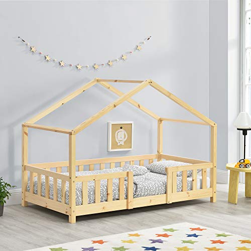 [en.casa] Kinderbett Treviolo Hausbett 80 x 160 cm Holzbett für Kinder mit Rausfallschutz Bettgestell mit Lattenrost Kiefernholz Holzfarben von [en.casa]