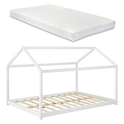 [en.casa] Kinderbett mit Matratze 120x200cm Hausbett mit Kaltschaum-Matratze ÖKO-Tex Standard 100 Bettenhaus Spielbett Kiefernholz Weiß von [en.casa]