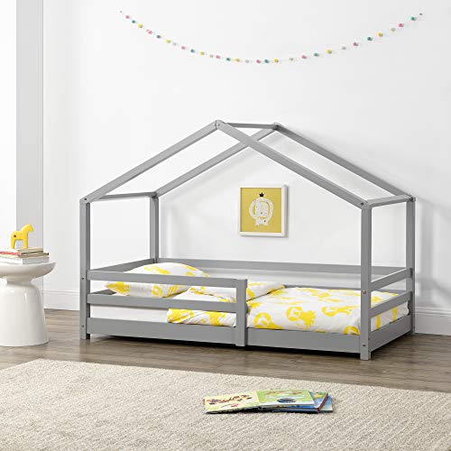 [en.casa] Kinderbett Knätten Hausbett Bodenbett 70 x 140 cm Holzbett für Kinder mit Rausfallschutz Kiefernholz Bettgestell mit Lattenrost Hellgrau von [en.casa]