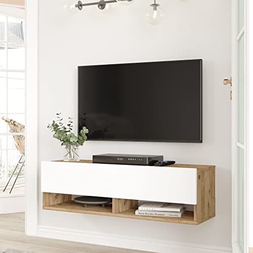 [en.casa] TV Board Laitila TV Schrank mit 2 Ablagen 2 Schranktüren Lowboard Fernsehtisch 100 x 31,5 x 29,5 cm Sideboard hängend Eiche rustikal/Weiß von [en.casa]