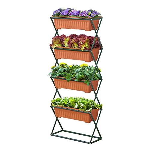 Vertikalbeet Veenendaal 51x21x125 cm vertikales Blumenbeet mit 4 Pflanzkästen Indoor Outdoor zusammenklappbar Blumenkästen Blumenständer faltbares Hochbeet Stahl Dunkelgrün/Braun von [en.casa]