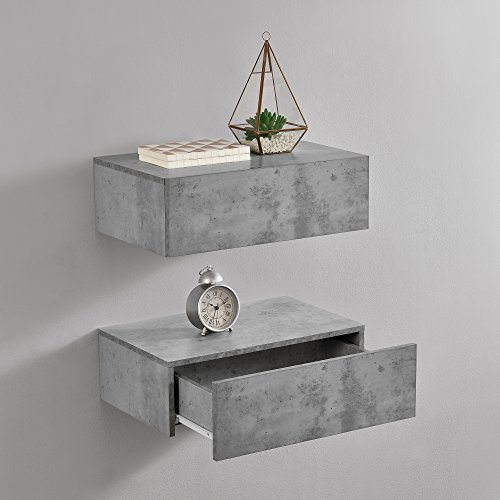 [en.casa] Wandregal Oslo mit Schublade 2er Set Nachttisch schwebende Nachtkommode Hängeregal Wandboard Nachtkonsole 46x30x15cm Beton-Optik von [en.casa]