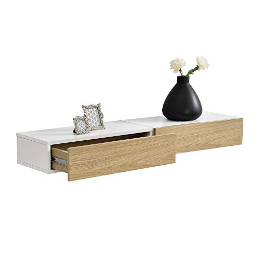 [en.casa] 2er Set Wandregal mit Schublade Weiß/Holz Hängeregal Wand Regal Schrank Tisch Nachtschrank Kommode Wandboard Wandschublade von [en.casa]