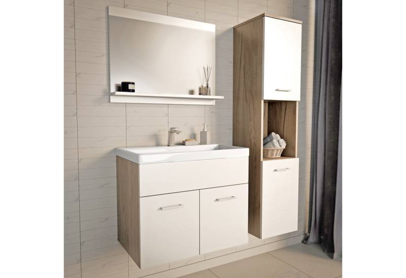 en.casa Badezimmer-Set, (3-St), »Krildihana« 1x Waschtisch 1x Hochschrank 1x Spiegel Eicheoptik/Weiß von en.casa
