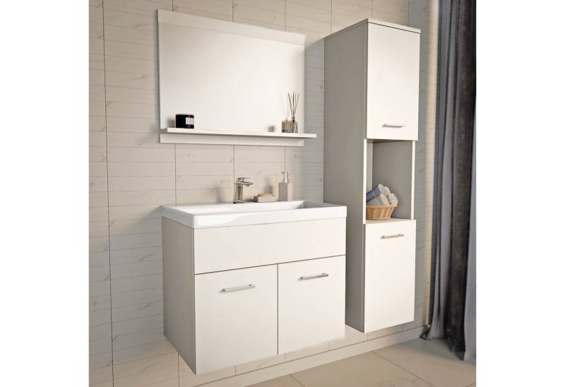 en.casa Badezimmer-Set, (3-St), »Krildihana« 1x Waschtisch 1x Hochschrank 1x Spiegel Weiß von en.casa