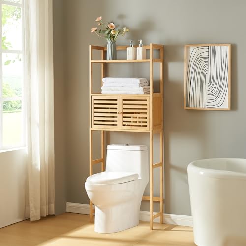 [en.casa] Badezimmerregal Haugesund Toilettenregal 158 x 60 x 26 cm WC-Regal mit Schrank und Ablage Toilettenschrank Standregal freistehend Badregal Überbauschrank Bambus von [en.casa]