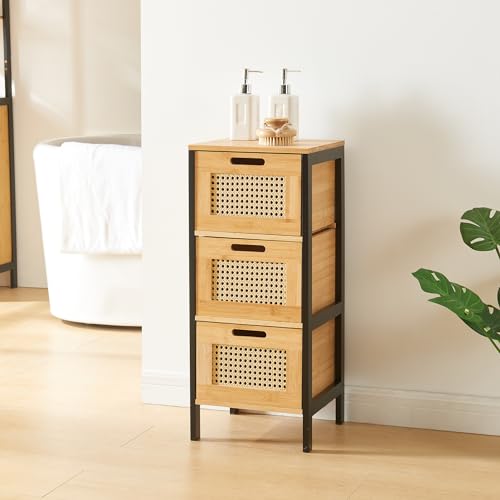 [en.casa] Badezimmerschrank Tervola Badschrank schmal Kommode mit 3 Schubladen Badkommode Schwarz/Bambus Midischrank 72 x 30 x 30 cm von [en.casa]