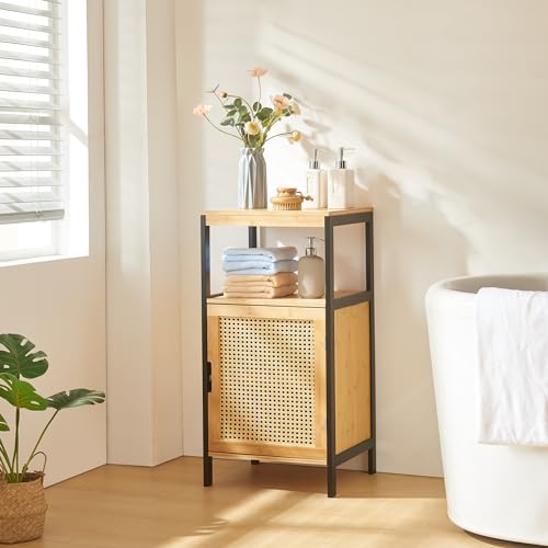 [en.casa] Badezimmerschrank Tervola Toilettenschrank schmaler Badschrank mit offenem Fach Schranktür in Rattanoptik Midischrank 80x40x35cm Bambus Schwarz von [en.casa]