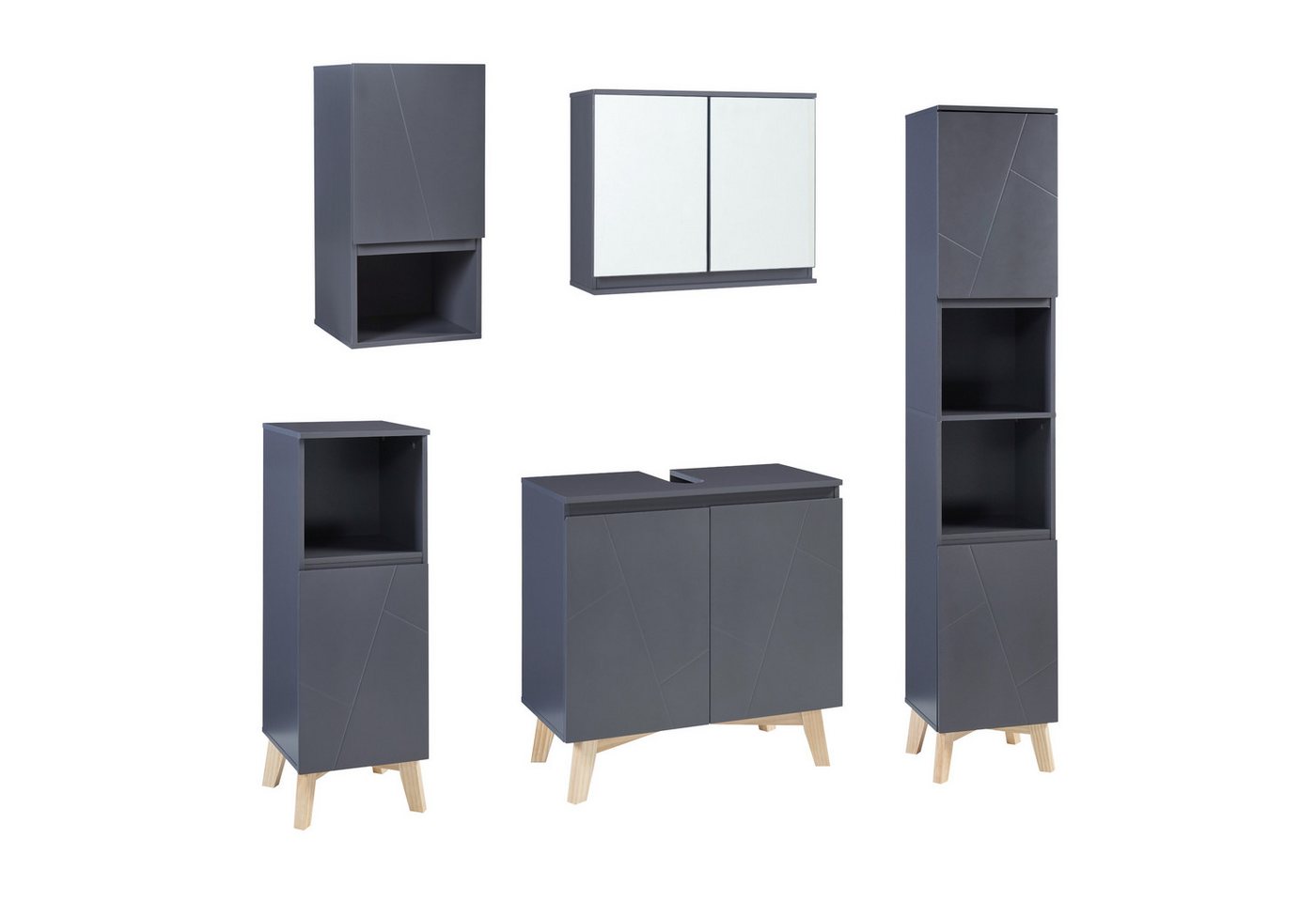 en.casa Badmöbel-Set, (Komplett-Set, 5-St), »Overath« 5 x Schränke Grau von en.casa