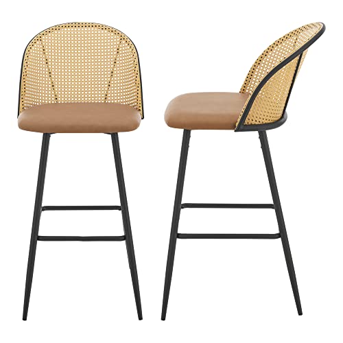 [en.casa] Barhocker Gausdal 2er Set Barstuhl mit Lehne Braun Metallbeine Schwarz Wohnzimmer Tresenhocker Rattan gepolstert Kunstleder 2 x Esszimmerstuhl von [en.casa]