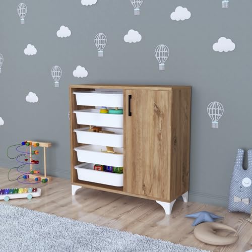 [en.casa] Beistellschrank Aurland Mehrzweckschrank Kommode mit 5 Ablagekörben Spielzeugschrank mit Aufbewahrungsboxen für Kinderzimmer Wohnzimmer 78,5x77x30cm Eiche von [en.casa]