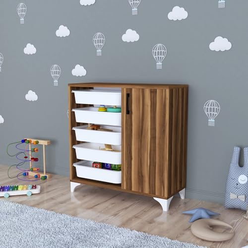 [en.casa] Beistellschrank Aurland Mehrzweckschrank Kommode mit 5 Ablagekörben Spielzeugschrank mit Aufbewahrungsboxen für Kinderzimmer Wohnzimmer 78,5x77x30cm Walnuss von [en.casa]