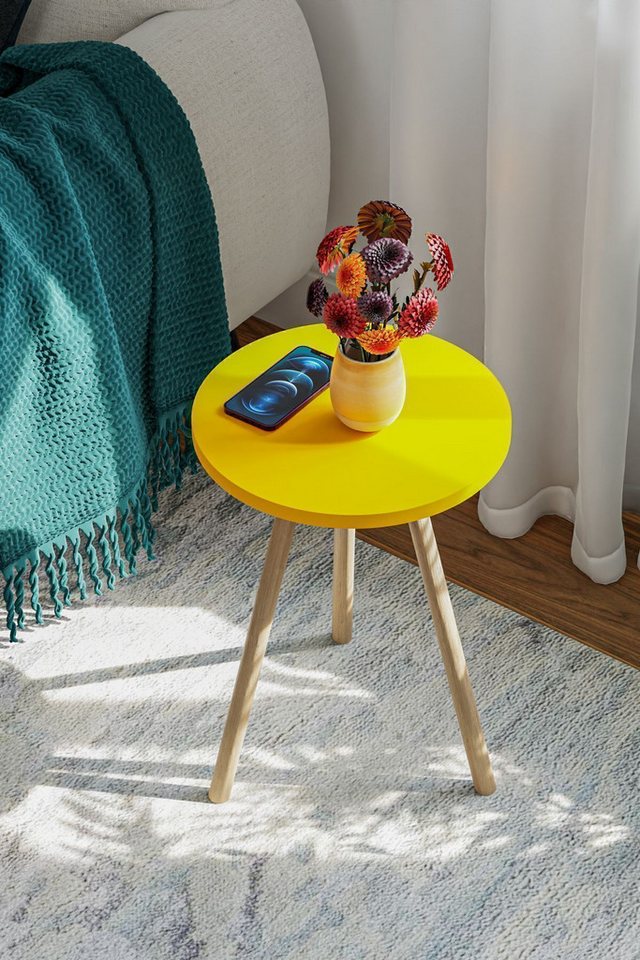en.casa Beistelltisch, runde Tischplatte, Holzbeine, Farbe: Gelb von en.casa