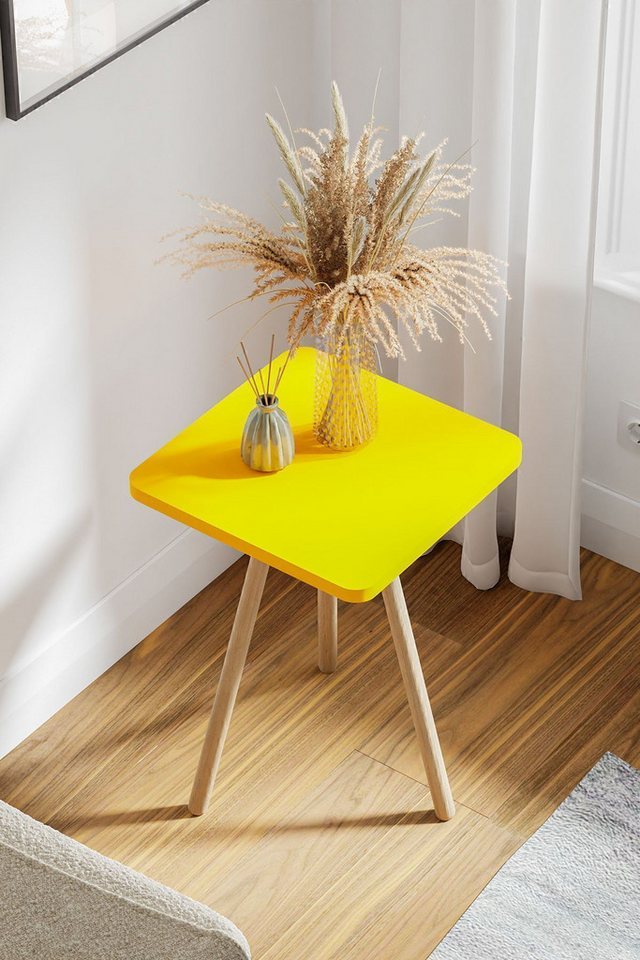 en.casa Beistelltisch (1-St), Holzbeine, 34x34 cm, 45 cm hoch, Farbe: Gelb von en.casa