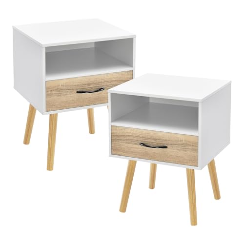 [en.casa] Beistelltisch 2er Set Gävle Wohnzimmertisch 57 x 42 x 40 cm Nachttisch mit Schublade Sofatisch Nebentisch Kaffeetisch mit Ablagefach Weiß/Eiche von [en.casa]