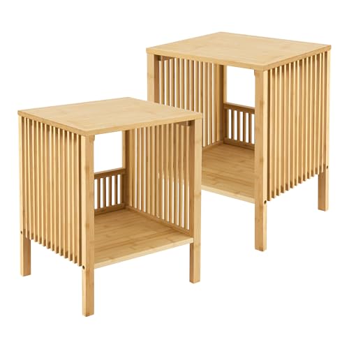 [en.casa] Beistelltisch 2er Set Varde Wohnzimmertisch 50 x 39 x 33 cm Nachttisch Sofatisch Nebentisch Kaffeetisch mit Ablagefach Bambus Naturfarben von [en.casa]
