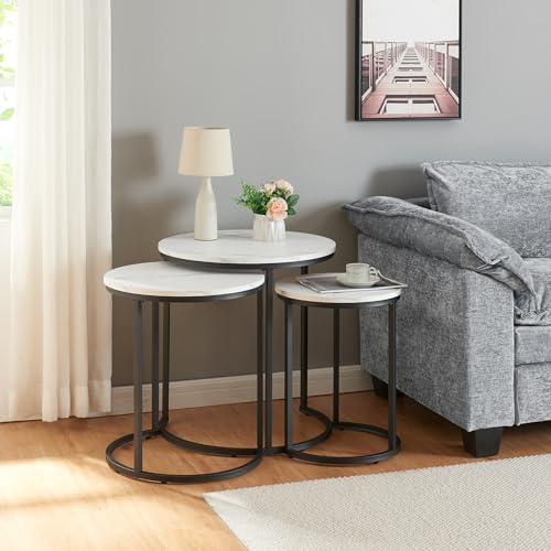 [en.casa] Beistelltisch 3er Set Ulricehamn Satztisch Metallgestell ineinander verschiebbar Wohnzimmertische im Set rund Sofatisch Marmoroptik Weiß von [en.casa]