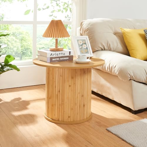 [en.casa] Beistelltisch Ledepid Nachttisch Sofatisch 45 x Ø60 cm Wohnzimmertisch mit überstehender Tischplatte Kaffeetisch rund Bambus Natur von [en.casa]