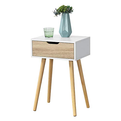 [en.casa] Beistelltisch Östersund mit Schublade 60x40x30 cm Kommode Retro Nachttisch Schubladentisch Massivholz Spanplatte Weiß/Eiche von [en.casa]