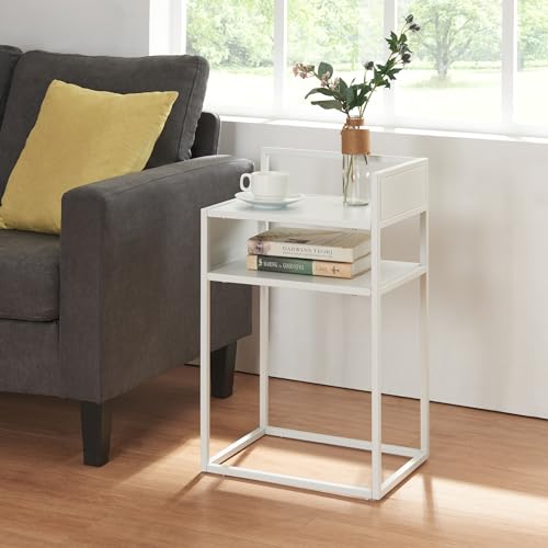 [en.casa] Beistelltisch Riihimäki Wohnzimmertisch mit Ablagefach Couchtisch Ablagetisch Weiß matt Nachttisch Metall Sofatisch 65 x 40 x 30 cm von [en.casa]