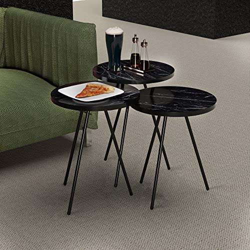 [en.casa] Beistelltisch-Set Ølgod Satztisch 3er Set Schwarze Marmor-Optik Wohnzimmertisch mit runder Tischplatte und Metallbeinen Salontisch von [en.casa]