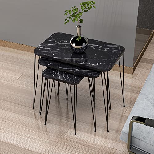 [en.casa] Beistelltisch-Set Rudkøbing Satztisch 3er Set Schwarze Marmor-Optik Wohnzimmertisch mit eckiger Tischplatte Hairpinlegs Metall Sofatisch von [en.casa]