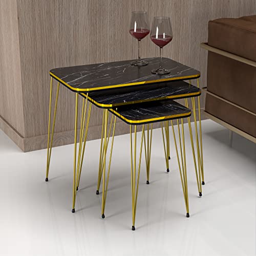 [en.casa] Beistelltisch-Set Rudkøbing Satztisch 3er Set Schwarze Marmor-Optik Wohnzimmertisch mit eckiger Tischplatte Hairpinlegs Metall Goldfarben Sofatisch von [en.casa]