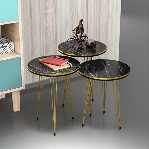 [en.casa] Beistelltisch-Set Ry Satztisch 3er Set Schwarze Marmor-Optik Abstelltisch mit runder Tischplatte Hairpinlegs aus Metall Goldfarben Wohnzimmertisch von [en.casa]