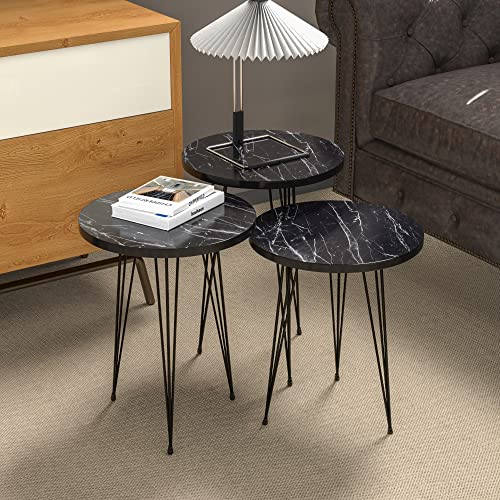 [en.casa] Beistelltisch-Set Ry Satztisch 3er Set Schwarze Marmor-Optik Abstelltisch mit runder Tischplatte Hairpinlegs aus Metall Wohnzimmertisch von [en.casa]