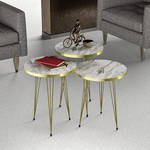 [en.casa] Beistelltisch-Set Ry Satztisch 3er Set weiße Marmor-Optik Abstelltisch mit runder Tischplatte Hairpinlegs aus Metall Goldfarben Wohnzimmertisch von [en.casa]