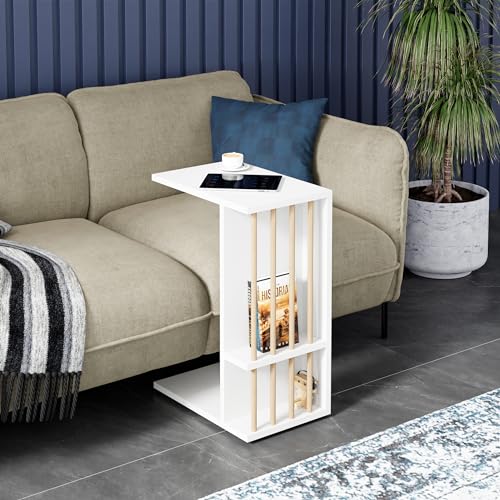 [en.casa] Beistelltisch Siikainen Laptoptisch mit senkrechten Streben 65 x 44 x 29 cm Rolltisch C-Form Wohnzimmertisch rechteckig Ablagetisch Weiß von [en.casa]