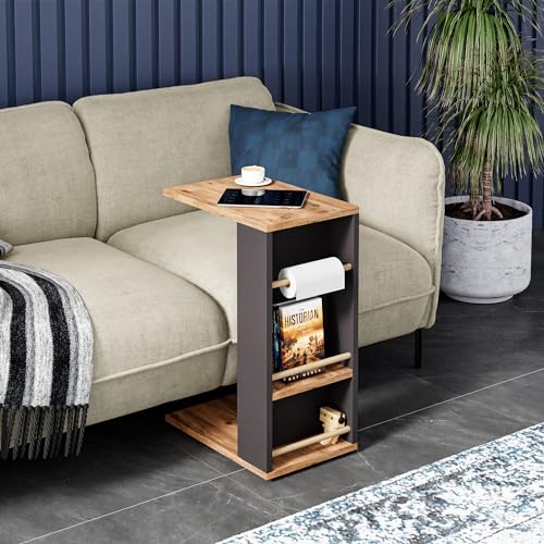 [en.casa] Beistelltisch Siikainen Laptoptisch mit waagerechten Streben 65 x 44 x 29 cm Rolltisch C-Form Wohnzimmertisch rechteckig Ablagetisch Holzoptik/Schwarz von [en.casa]