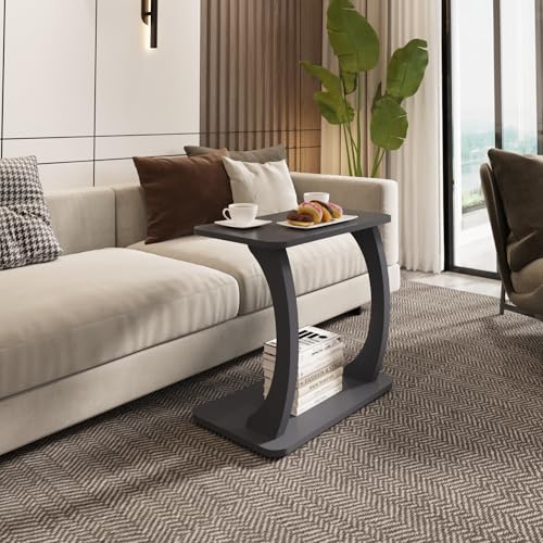 [en.casa] Beistelltisch Stattela Sofatisch C-Form Nachttisch 59 x 35 x 56 cm Wohnzimmertisch Betttisch mit 4 Rollen Kaffeetisch rechteckig Grau von [en.casa]