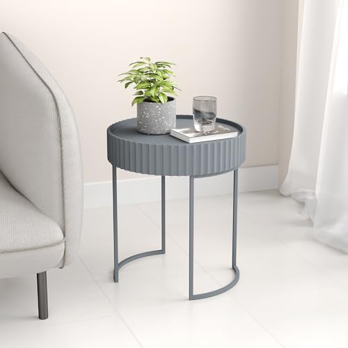 [en.casa] Beistelltisch rund Rill Wohnzimmertisch gerillt 46 x Ø40 cm Nachttisch Sofatisch Flur Metallgestell Grau von [en.casa]