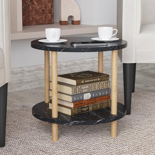 [en.casa] Beistelltisch rund VES Wohnzimmertisch mit unterer Ablage 49 x Ø 42 cm Nachttisch Sofatisch Marmoroptik in Schwarz mit Holzoptik von [en.casa]
