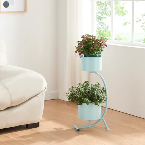 [en.casa] Blumenständer Almelo Blumentopfständer in Halbmondform Blumentopfregal mit 2 Pflanztöpfen Pflanzenständer Metall 63x29x21cm Hellblau von [en.casa]