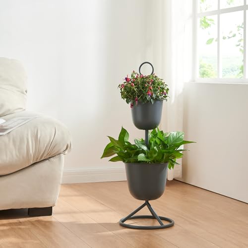 [en.casa] Blumenständer Alphen Blumentopfständer mit 2 Pflanztöpfen Blumentopfregal Pflanzenständer Blumentopfhalter Metall 76,5xØ26cm Schwarz von [en.casa]