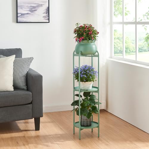[en.casa] Blumenständer Altena Pflanzenständer mit Blumentopf und 2 Ablagen Metall Grün Pflanzenregal 94,5 x 27 x 27 cm Blumensäule für innen Blumentopfständer von [en.casa]