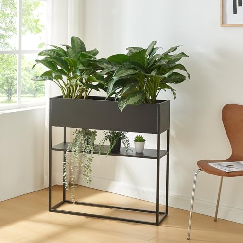 [en.casa] Blumenständer Joensuu Hochbeet mit Ablage Pflanzkübel Kräuterbeet Blumenkasten Pflanzkasten aus Stahl 80 x 80 x 25 cm Schwarz für drinnen und draußen von [en.casa]