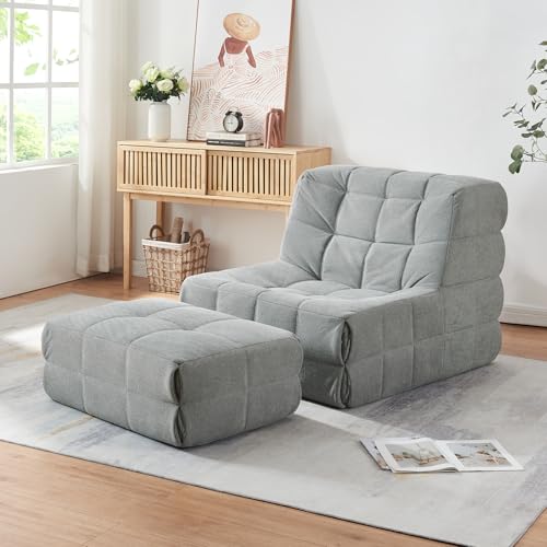 [en.casa] Bodensessel mit Hocker Koskyvn Bodenstuhl mit Rückenlehne und Sitzhocker Lesesessel mit Pouf Bodensofa gepolstert Sitzsack Ottomane 75 x 90 x 100 cm Relaxsessel Textil Grau von [en.casa]