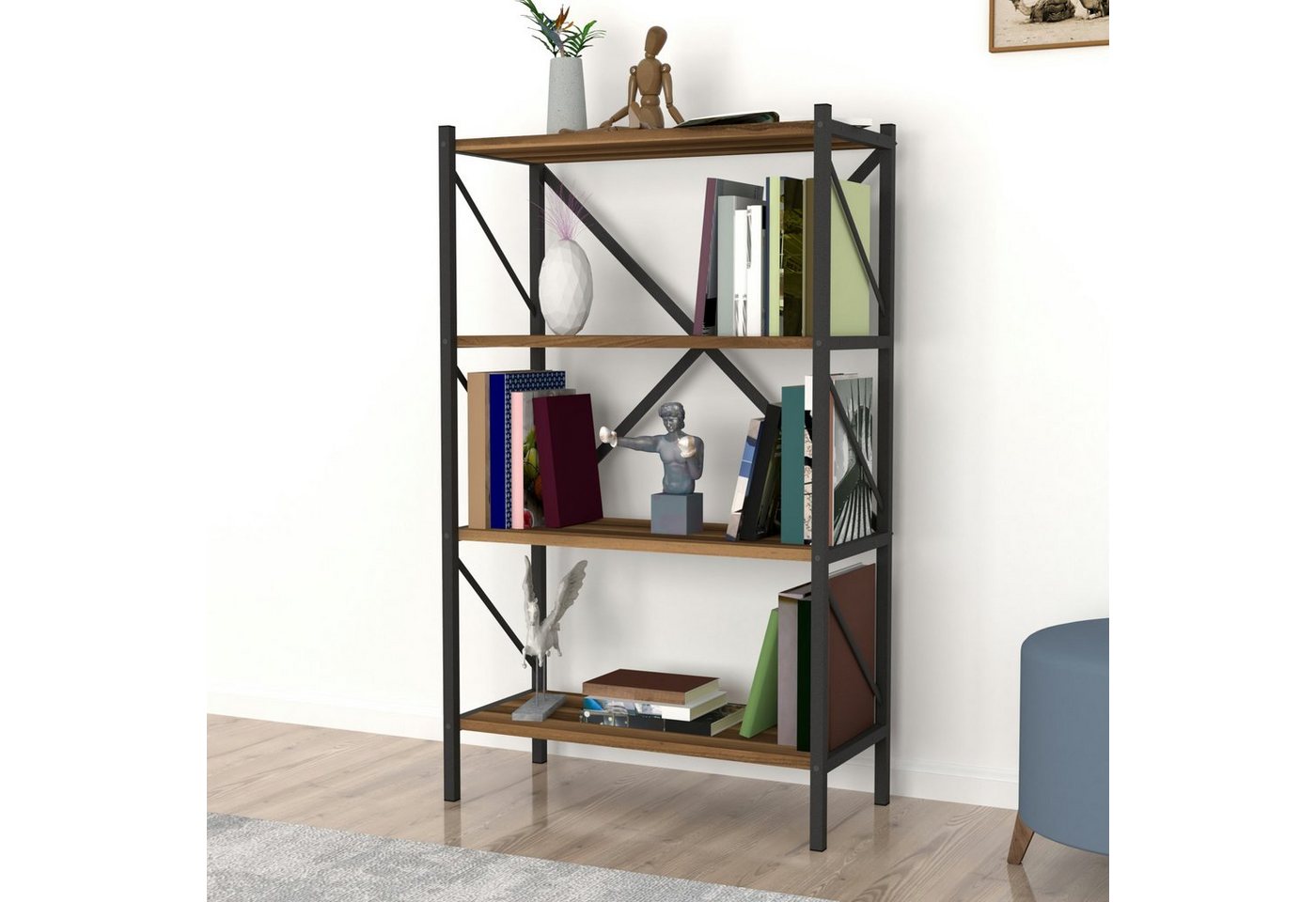 en.casa Bücherregal, »Vanylven« Standregal 121 x 66 x 34 cm Walnuss-Optik von en.casa