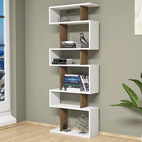 [en.casa] Bücherregal Brovst Standregal für Wohnzimmer mit 6 Ebenen Asymmetrisch Raumteiler Büroregal Wohnregal in S-Form 157 x 60 x 20 cm Weiß/Walnuss von [en.casa]