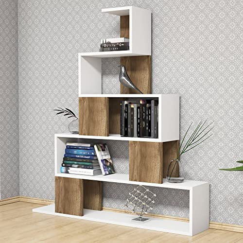 [en.casa] Bücherregal Hals Regal Wohnzimmer Standregal mit 5 Ablagen Modern Weiß Walnuss-Optik von [en.casa]