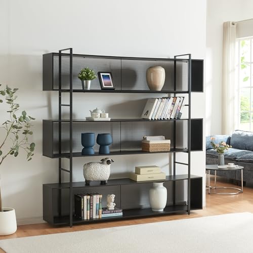 [en.casa] Bücherregal Randaberg offener Bücherschrank mit 3 Ablagefächern 180 x 180 x 33 cm Wohnzimmer Stauraum Metallgestell Standregal Schwarz von [en.casa]