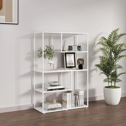 [en.casa] Bücherregal Sievi Standregal mit 4 Ablagen CD-Regal 126 x 85 x 35 cm Metallregal für Wohnzimmer Schlafzimmer Weiß, matt von [en.casa]