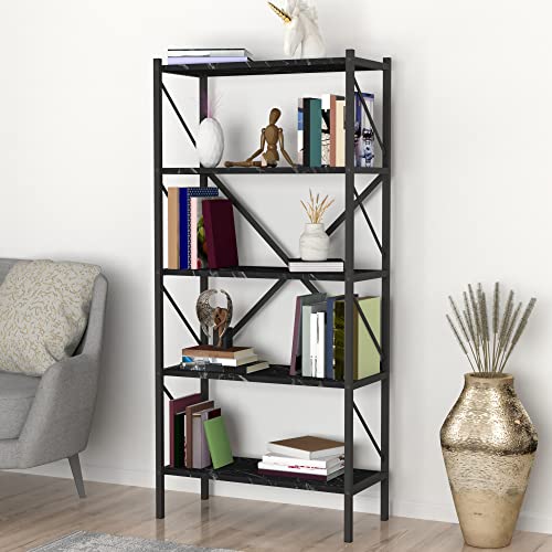 [en.casa] Bücherregal Vanylven offenes Regal 160x66x34cm Standregal stehend für Wohnzimmer Arbeitszimmer Marmor, schwarz von [en.casa]